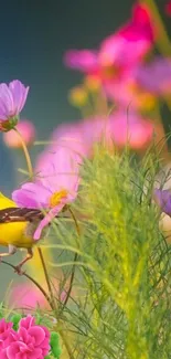 Yellow bird amidst pink flowers and greenery in nature wallpaper.