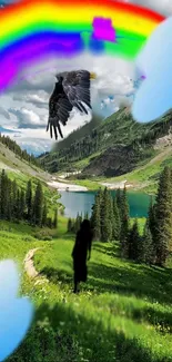 Vibrant nature wallpaper with rainbow and soaring eagle in a lush green valley.