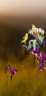 Vibrant parrots and purple flowers in a golden meadow mobile wallpaper.