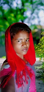 Portrait with red scarf in a lush green background.