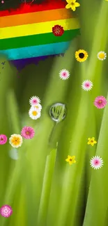 Mobile wallpaper with green grass, colorful flowers, and a rainbow pride flag.