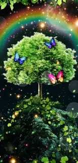 Green tree with butterflies under a rainbow in a starry night.