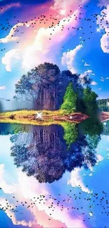 Vibrant nature reflection with clouds and trees on a serene blue lake.