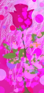 Vibrant pink rose with feathers and abstract colors.