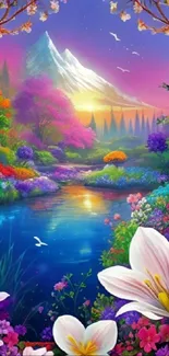 Vibrant nature wallpaper with flowers, river, mountains, and sunset sky.