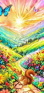 Vibrant landscape with flowers and butterflies under a radiant sun.