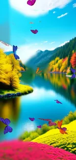 Vibrant nature wallpaper with butterflies, river, and lush scenery.