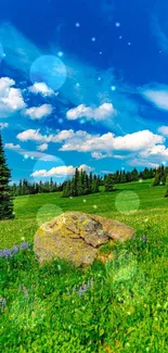 Beautiful nature wallpaper featuring blue sky, green fields, and fluffy clouds.