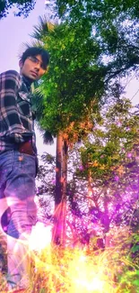 Young man standing in vibrant, lush greenery with a colorful, serene background.