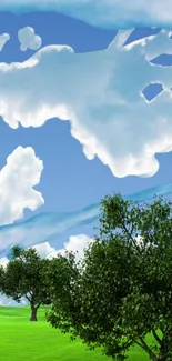 Wallpaper of trees under blue sky with fluffy white clouds.