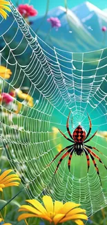 Colorful spider on web with vibrant flowers.