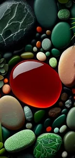 Vibrant mobile wallpaper with colorful stones and green leaves.