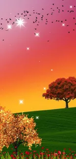 Vibrant sunset landscape with trees and green fields.