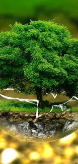 Floating tree in a glass sphere with vibrant green background.