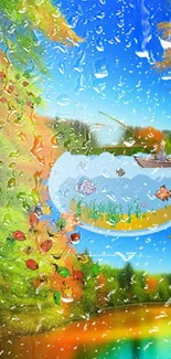 Nature wallpaper with a lake, colorful leaves, and raindrop reflections.