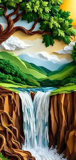 Colorful nature scene with waterfall and sun