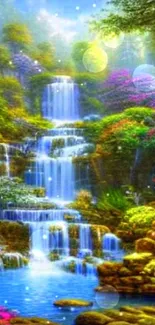 Colorful waterfall surrounded by lush foliage and vibrant flowers.