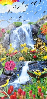 Vibrant waterfall with flowers and rainbow in nature setting.