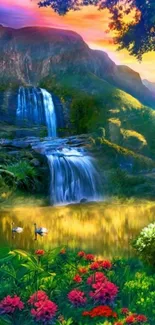 Vibrant nature wallpaper with waterfall and sunset.