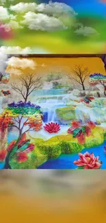 Colorful nature wallpaper with a waterfall, trees, and lotus flowers.