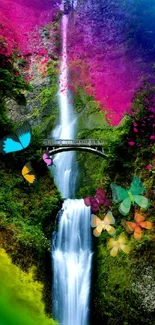 Colorful waterfall with vibrant butterflies and lush nature background.