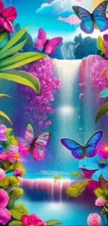 Colorful butterflies near a tropical waterfall with lush flowers.