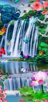 Vibrant waterfall with butterflies and flowers in nature wallpaper.