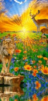 Wolf and deer in vibrant sunset nature scene with blooming flowers.