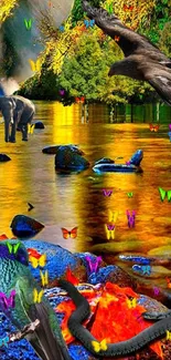 Vibrant nature wallpaper with elephants, butterflies, and a golden river scene.