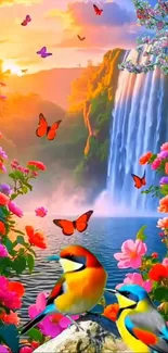 A vibrant scene with birds, butterflies, and a waterfall amidst colorful flowers.