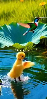 Ducklings and bird in vibrant pond scenery