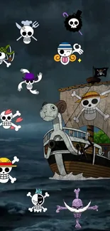 Anime-inspired pirate ship with whimsical skull designs on the ocean.