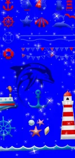 Nautical wallpaper with dolphins, lighthouses, anchors on a starry blue night.