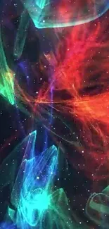 Colorful nebula space wallpaper with vibrant red and green hues.