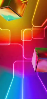 Vibrant neon 3D cubes with colorful light lines.
