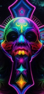 Vibrant neon mask art with cosmic background.