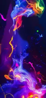 Vibrant neon abstract wallpaper with swirling colors on deep blue background.