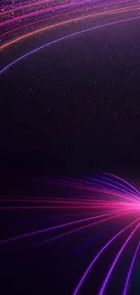 Vibrant neon wallpaper with purple and pink light trails on a starry dark background.