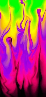 Vibrant neon abstract wallpaper with pink, green, and yellow swirling waves.