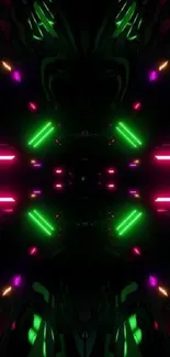 Colorful neon abstract wallpaper with symmetrical light patterns.