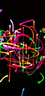 Vibrant neon abstract lines on a black background wallpaper.