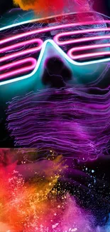 Vibrant neon abstract mobile wallpaper with glowing purple and colorful splash.