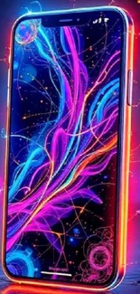 Vibrant neon abstract wallpaper on a mobile phone screen.