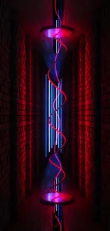 Neon abstract wallpaper with red and blue spiral in a dark corridor.