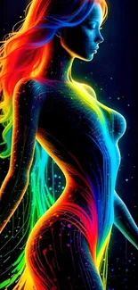 A vibrant neon rainbow silhouette with artistic digital flare on black background.