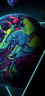 A vibrant neon abstract wallpaper featuring swirling colors and geometric shapes.