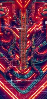 Intricate neon red abstract wallpaper with vibrant patterns.