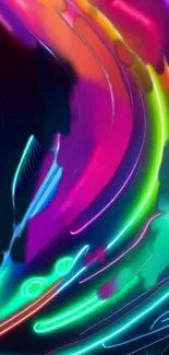 Vibrant neon abstract wallpaper with swirling colors on a dark background.