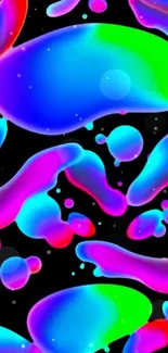 Vibrant neon abstract mobile wallpaper with colorful fluid shapes on a dark background.