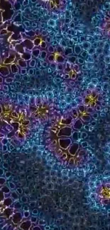 Vibrant neon abstract wallpaper of intricate glowing patterns in blue and purple.